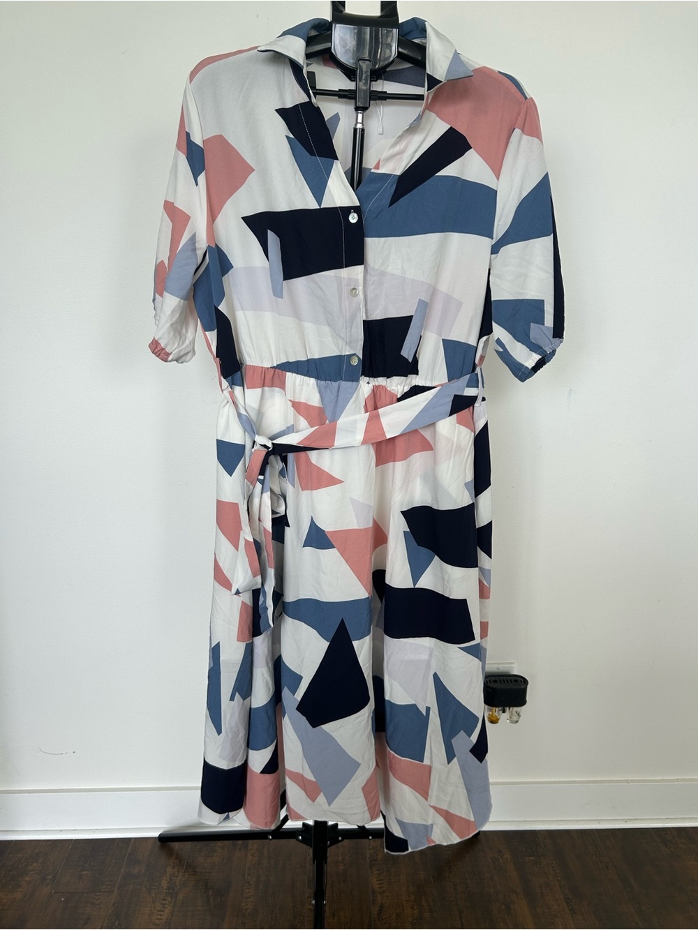 BloomChic Geometric Midi Shirt Dress in White, Navy & Blush